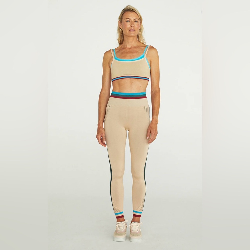 The Upside Beige Ribbed High-Waist Leggings with Multicolor Trim